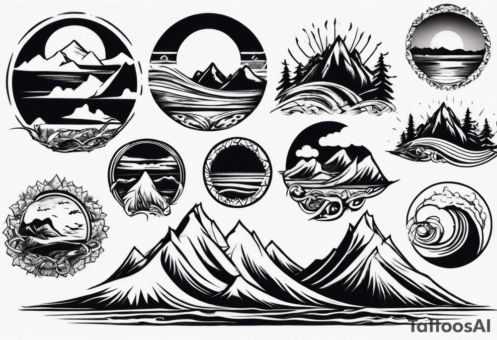 mountains, beach, waves, sunset, trees tattoo idea