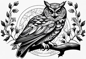 Vintage owl on maple branch tattoo idea