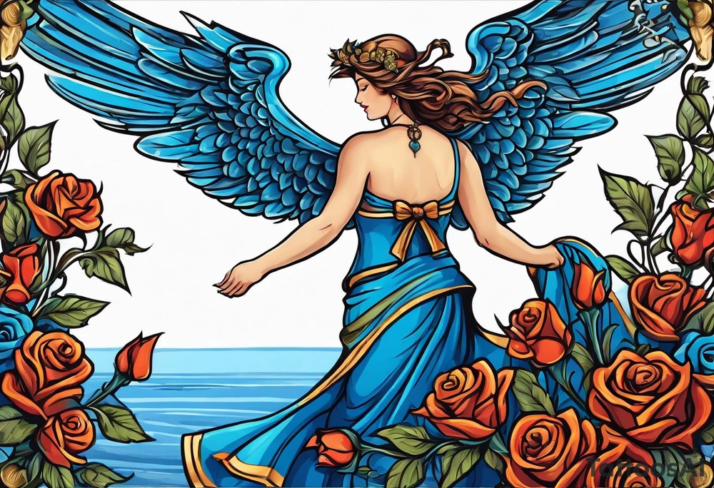 Cupio fly boy wings and a bow,, bacground sea ancient rome gods , blue roses frames tattoo idea