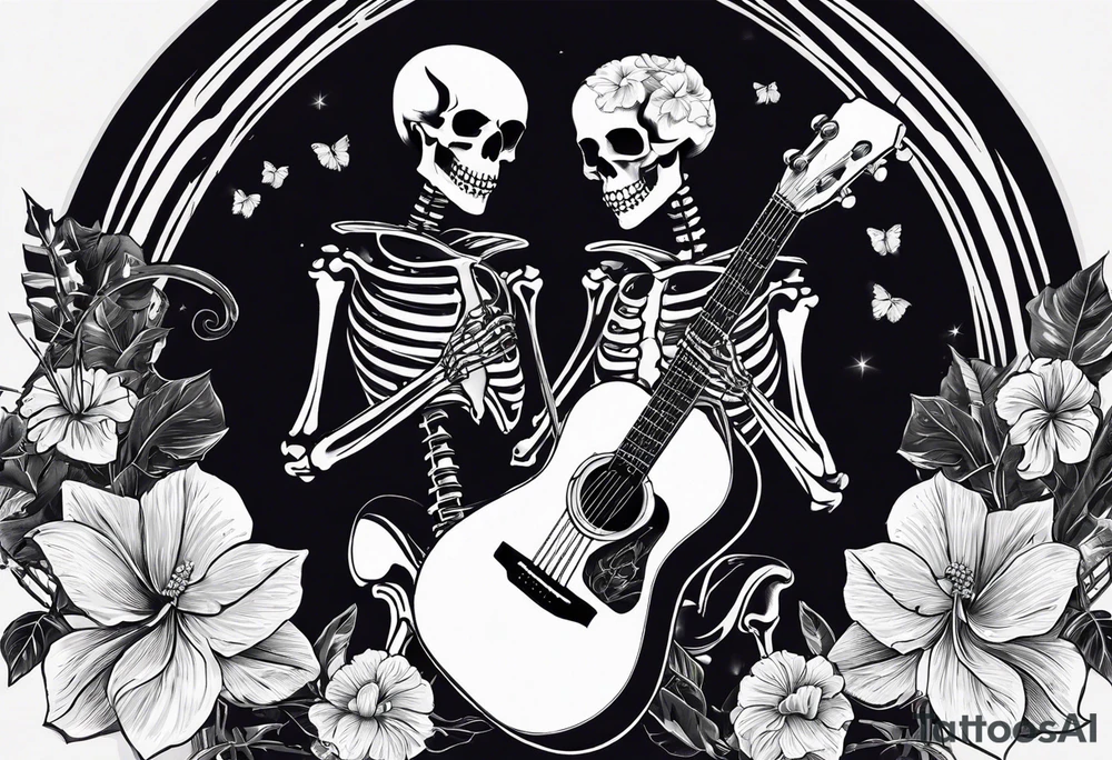 a female skeleton holding a hibiscus flower and a male skeleton playing a guitar. The scene should capture a moment of connection between the two, with the female skeleton attentively listening to the music played by the male skeleton. tattoo idea