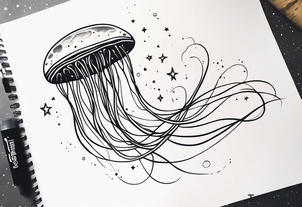 Stars, nebulas, and galaxys are inside a long slender jellyfish tattoo idea