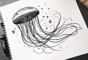 Stars, nebulas, and galaxys are inside a long slender jellyfish tattoo idea