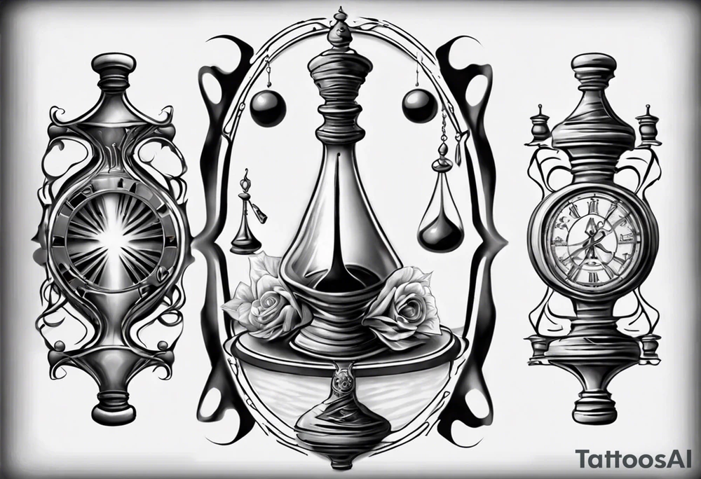 hourglass in the shape of a chess peace with filagree in the background tattoo idea