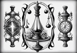hourglass in the shape of a chess peace with filagree in the background tattoo idea