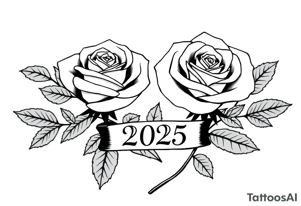 two beautiful large rose buds, one larger than the other, with many leaves next to the rose buds, with one sitting higher than the other. Include a banner connecting the two roses with the year 2025 on it.   Use dark outlines with little shading. The two stems should be short, not long, and connect and join into one stem, whimsically curved or twisted - not straight down. tattoo idea