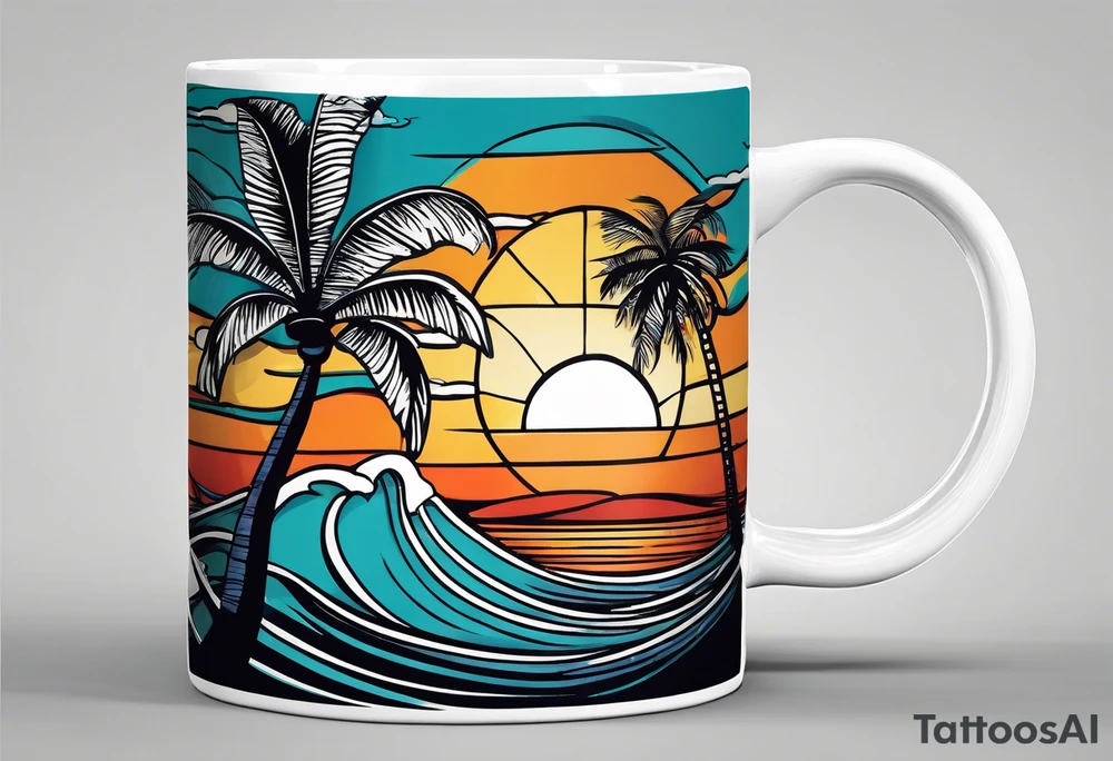 Simple Retro design coffee mug with ocean waves and palm trees background tattoo idea