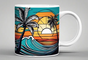 Simple Retro design coffee mug with ocean waves and palm trees background tattoo idea