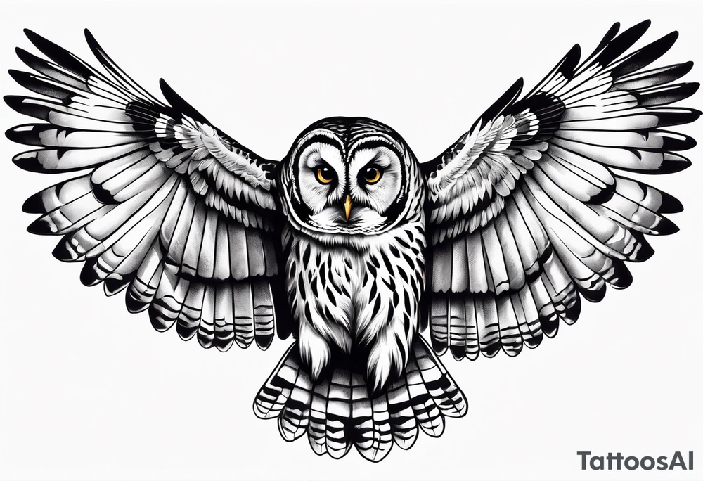 barred owl wings outstretched with a corn snake in its feet tattoo idea