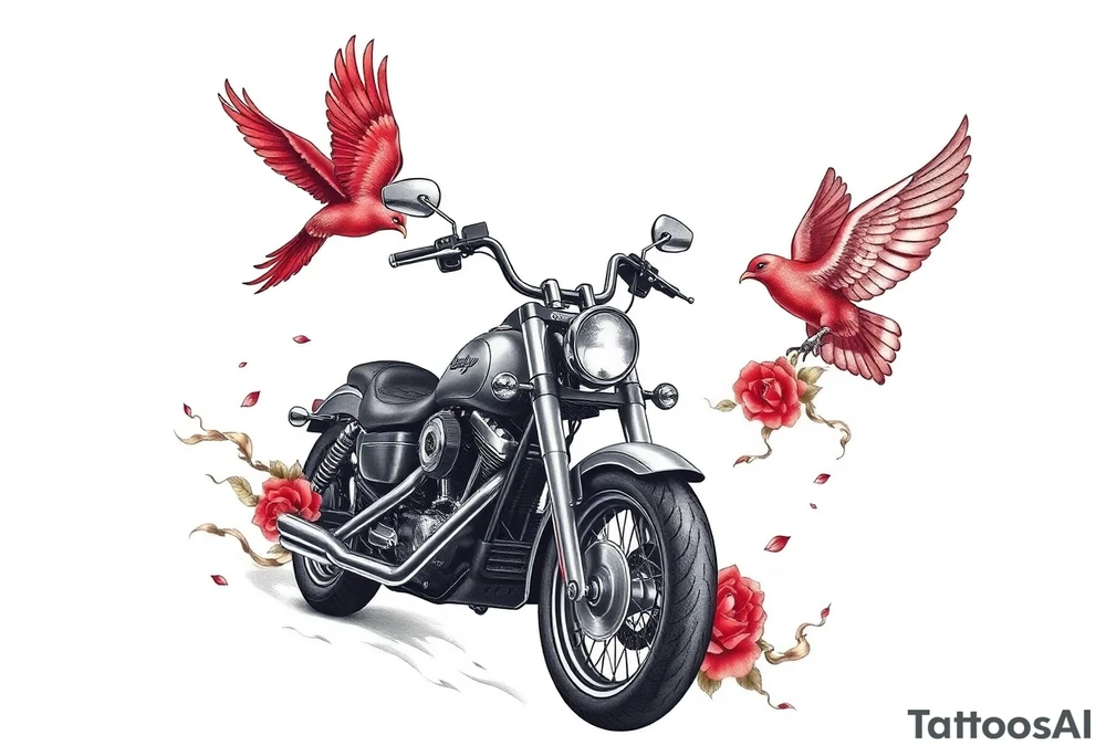 Harley grey motorcycle driving away, two red birds flying, roses, flames, angel wings tattoo idea