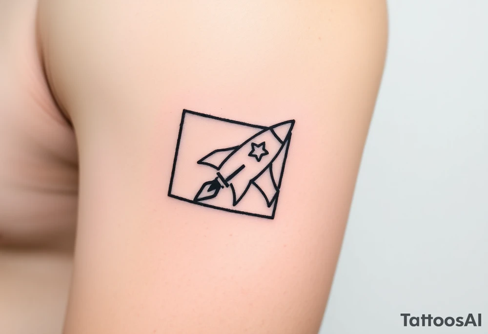 Rocket ship with a twinkling star, inside a black rectangle, shooting out of the rectangle tattoo idea