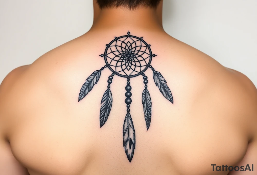 native dreamcatcher with flowing feathers and sacred beads tattoo idea