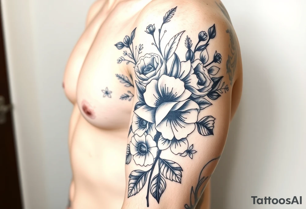 vintage bouquet of wild roses and meadow flowers with morning dew tattoo idea