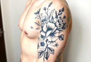 vintage bouquet of wild roses and meadow flowers with morning dew tattoo idea