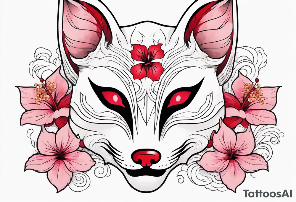 White japanese mask that looks like a kitsune with red accents and pink hibiscus flowers tattoo idea