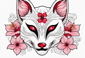 White japanese mask that looks like a kitsune with red accents and pink hibiscus flowers tattoo idea