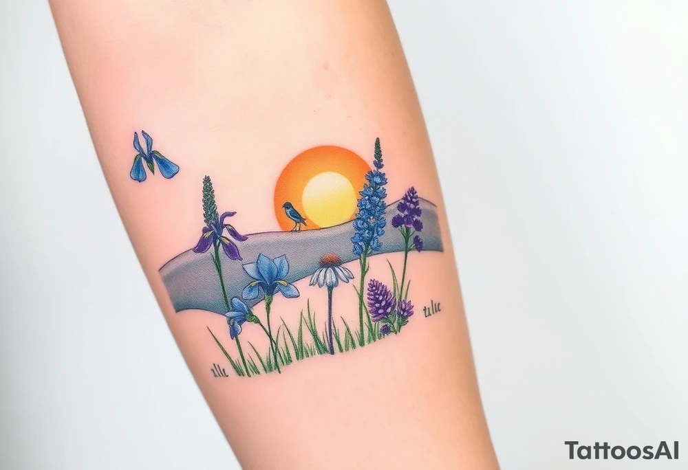 a bunch of cutleaf coneflower, blue flag iris, bee balm, obedient plant, purple coneflower on a hill with grass with a beautiful sunset tattoo idea