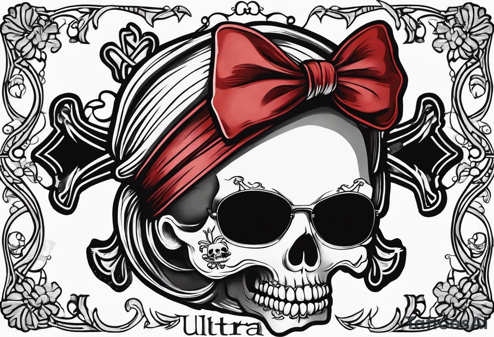 pirate flag with a female skull wearing glasses with two blonde buns and crossbones underneath, no hat tattoo idea