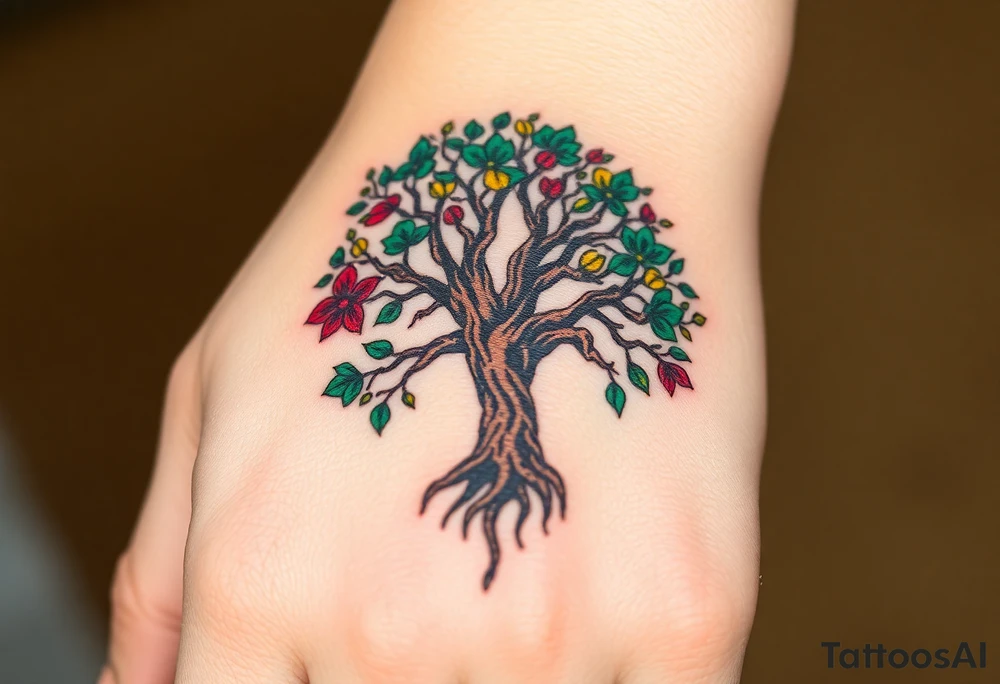 Vibrant tree of life Jamaican and Irish colours tattoo idea