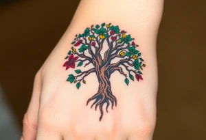 Vibrant tree of life Jamaican and Irish colours tattoo idea