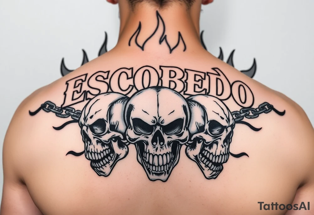‘Escobedo’ bold across upper back, untouched. Black flame outlines rise behind. Chains flow through flames. Cracked, snarling, and screaming skulls with Aztec details. Sharp, clean, stencil-only linework. tattoo idea