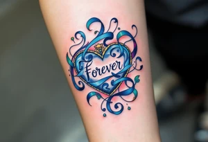 "Forever" written in blue ribbon script, swirling around a heart-shaped locket. tattoo idea