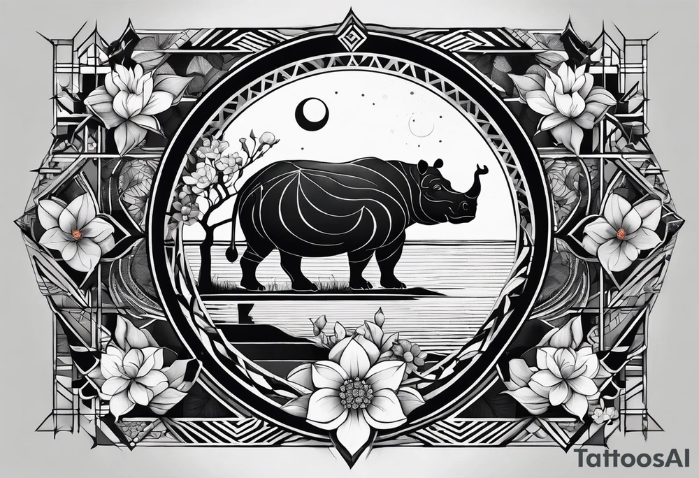 Very asymmetrical, +geometric pattern, with realistic full moon, with hippo at side look, +tribal, +geometric, +inkart , +blackwork
with wintersweet flower bud, +portrait orientation, +inkart touch, tattoo idea
