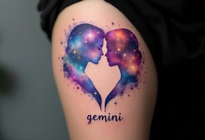 A galaxy-filled silhouette of twin figures, blending purples, blues, and glowing stardust effects and word "gemini" under it. tattoo idea