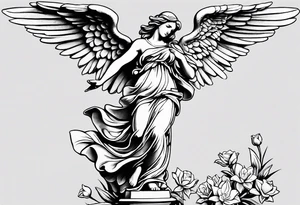 Simple Angel statue stood on a rock with daffodils and roses wrapped around its legs tattoo idea