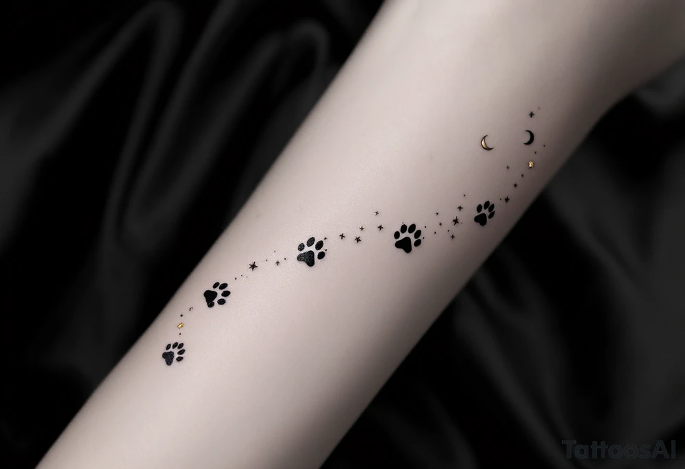Celestial Paw Path – A trail of silver and gold paw prints with tiny crescent moons and stars between them, symbolizing a pet that watches over you from above. tattoo idea