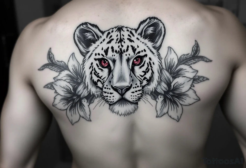 Female lion baby with ruby eyes and tiger lillies around tattoo idea