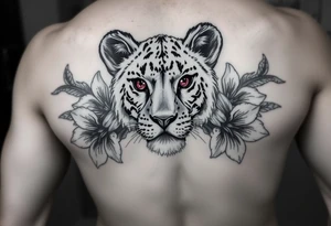 Female lion baby with ruby eyes and tiger lillies around tattoo idea