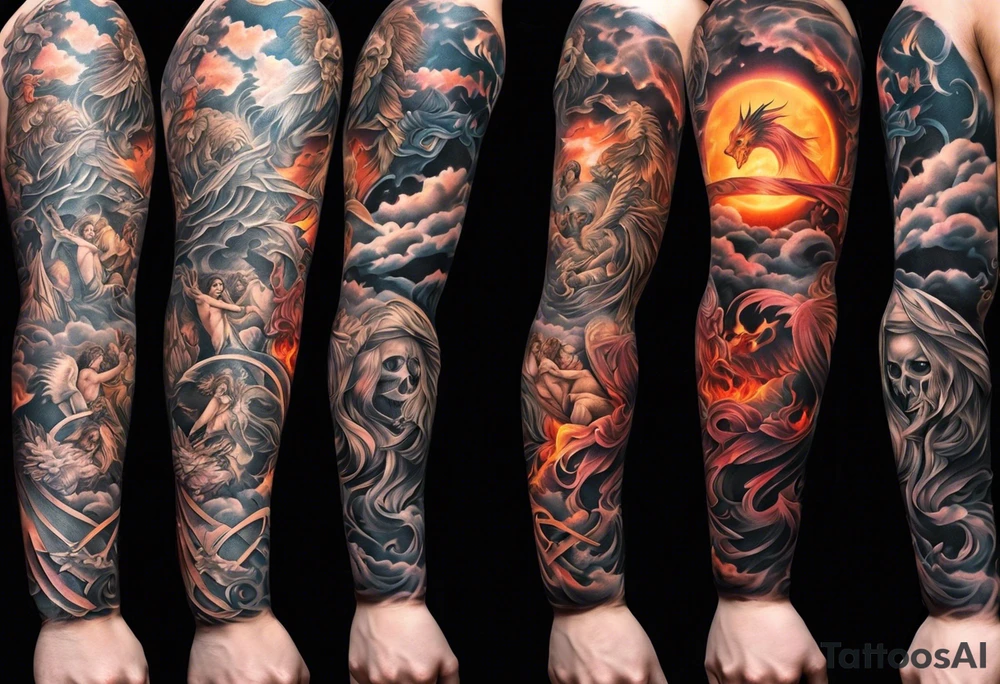 heaven and hell with angels and demons arm sleeve tattoo idea