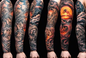 heaven and hell with angels and demons arm sleeve tattoo idea