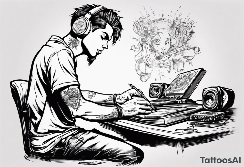 boy sitting at desk humming music tattoo idea