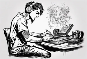 boy sitting at desk humming music tattoo idea