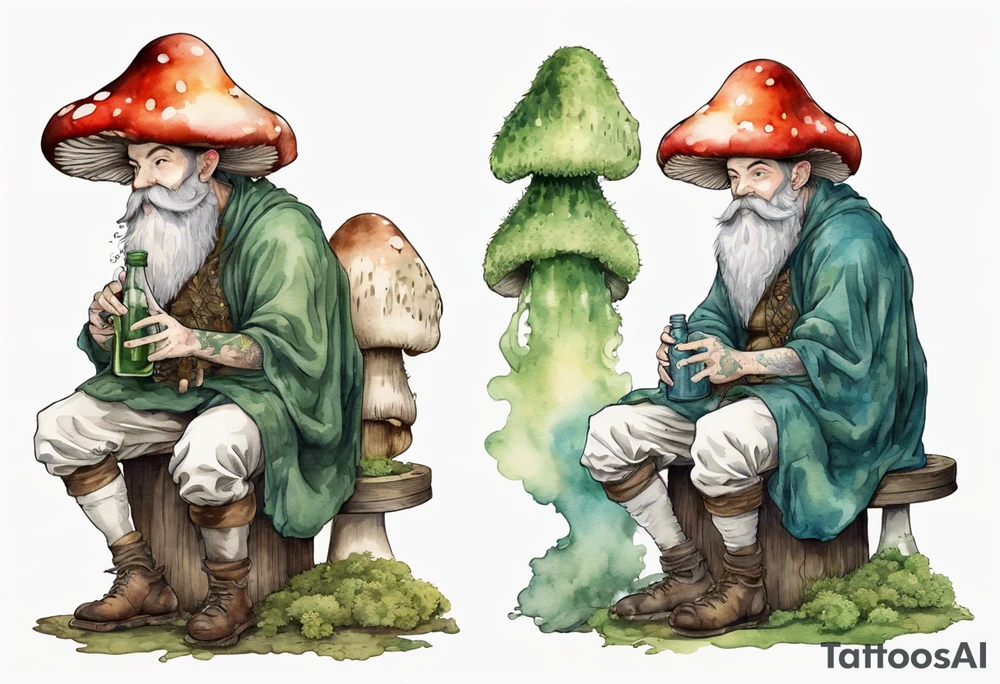 a mushroom with a mossy beard wearing medieval clothes sitting on a stool drinking from a bottle tattoo idea