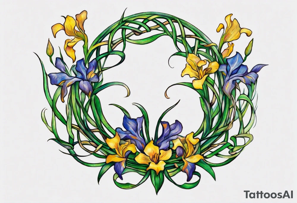 Create a small, colorful Vincent van Gogh Irises tattoo in the form of a crescent, with vines in Celtic knot style gracefully intertwining at a central point in the middle of the wreath. The intended placement is on the upper chest. The middle needs mountains. The overall design should be small in size while maintaining a delicate and artistic aesthetic. Pay attention to the graceful flow of the vines and the placement of the irises to achieve a refined and elegant look. tattoo idea
