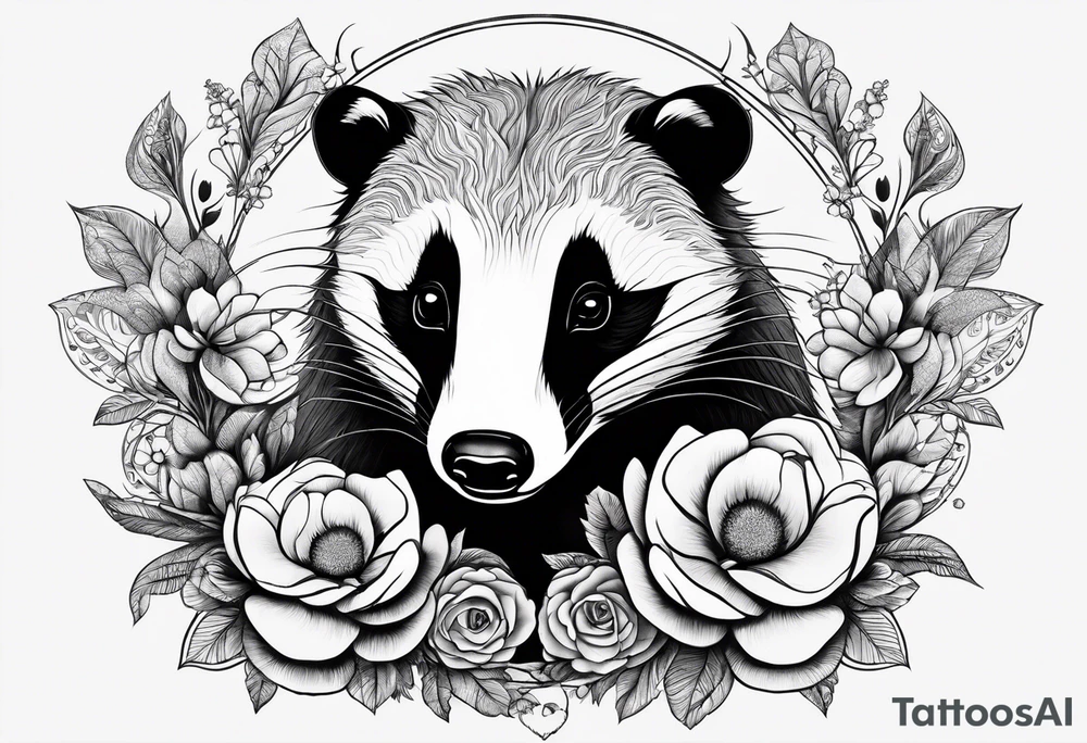 A trippy tattoo of a badger with a cub, flowers in fractal pattern tattoo idea