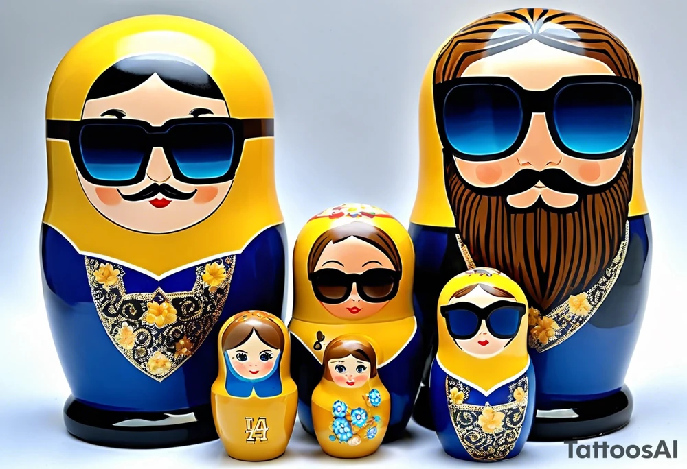 Matryoshka doll family of 4. Each separate doll is designed based on their individual description. Father (biggest doll) has full beard, blue eyes, short brown hair, loves LA Dodgers. Mother (second biggest doll) has blonde bob length hair, no beard, blue eyes, thick rimmed black glasses, loves leopard print. Son is 4 years old, blue eyes, blonde spiky hair, loves Paw Patrol. Daughter is 2 years old, blue eyes, long eyelashes, short light brown bob, loves Bluey. tattoo idea