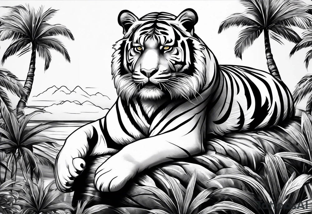 tiger laying on palm tree tattoo idea