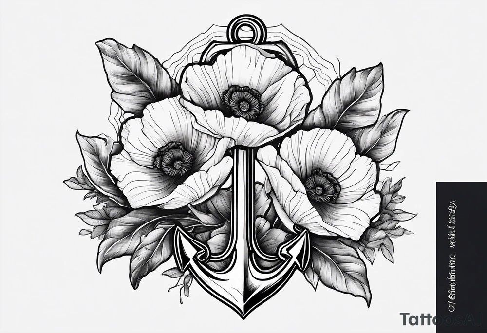 small anchor with two poppy flowers intertwined and mountains behind it tattoo idea