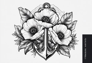 small anchor with two poppy flowers intertwined and mountains behind it tattoo idea