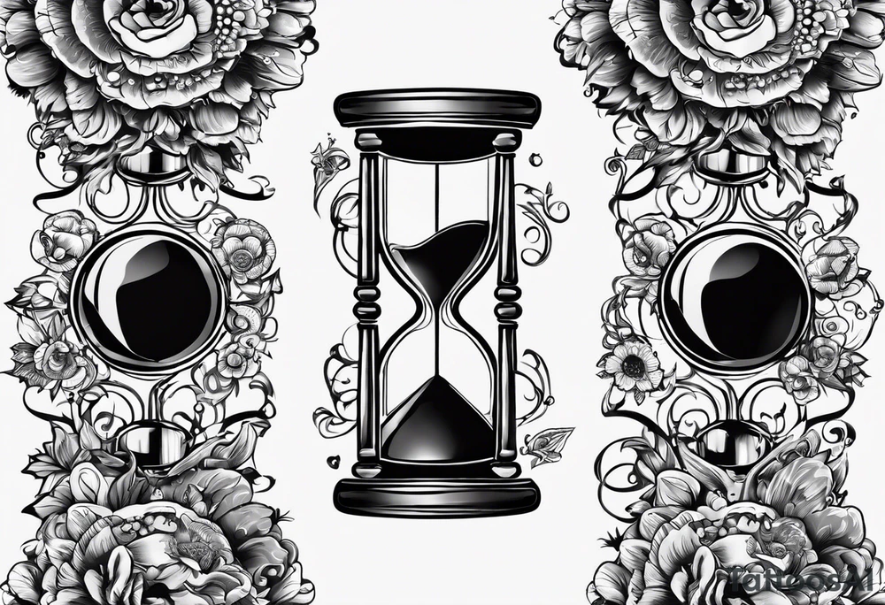 Mix an hourglass with a nautical clock with the addition of planets, galaxies and flower spikes to give a design to print on a t-shirt, the design should be in one color in the form of a tattoo and all the shapes should be mixed to give one shape tattoo idea