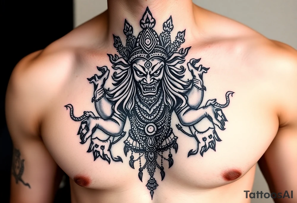 Angry Durga Hindu god on chest tattoo idea
