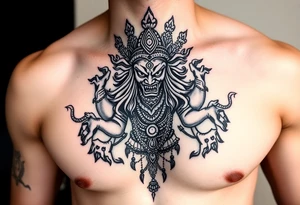 Angry Durga Hindu god on chest tattoo idea