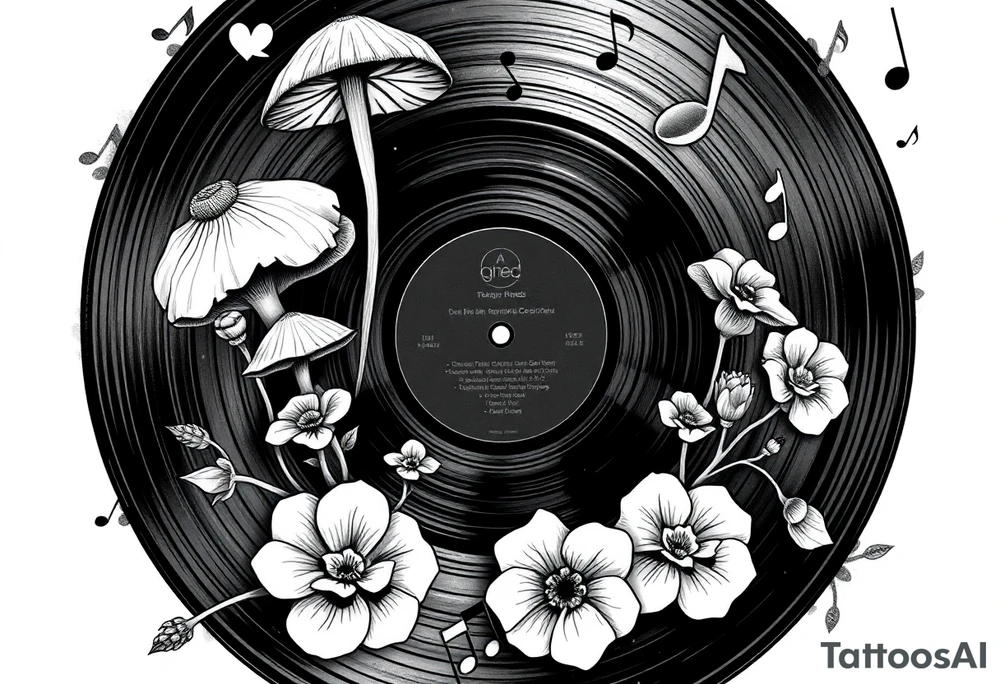 vinyl record with mushrooms, flowers, and music notes tattoo idea