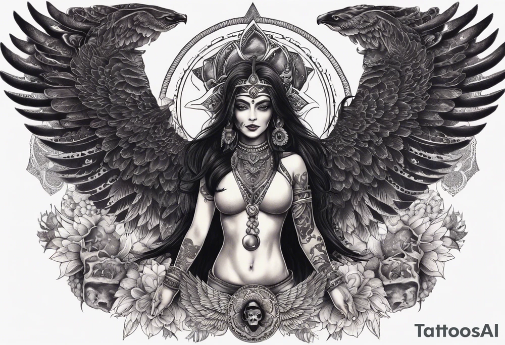 black kali, goddess pirate, alien, angel, pachamama, valkrye, warrior, flying, skull, lotus azul, wing, eagle, zenza resonance, stars, 5D, anahata chakra, death, durga, riding on a tiger, flying lady, kundalini, chest tatoo tattoo idea