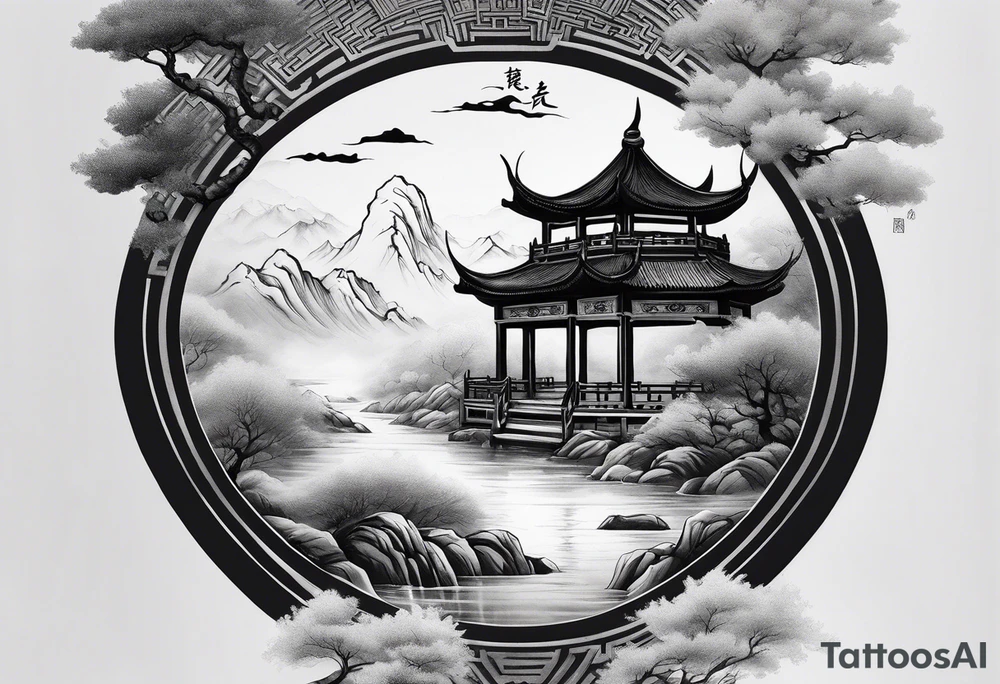 forearm sleeve traditional chinese art painting style autumn mountains mist fog water Chinese temple female with pony tail wearing robes meditating tattoo idea