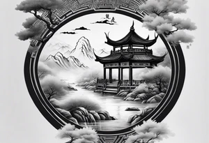forearm sleeve traditional chinese art painting style autumn mountains mist fog water Chinese temple female with pony tail wearing robes meditating tattoo idea