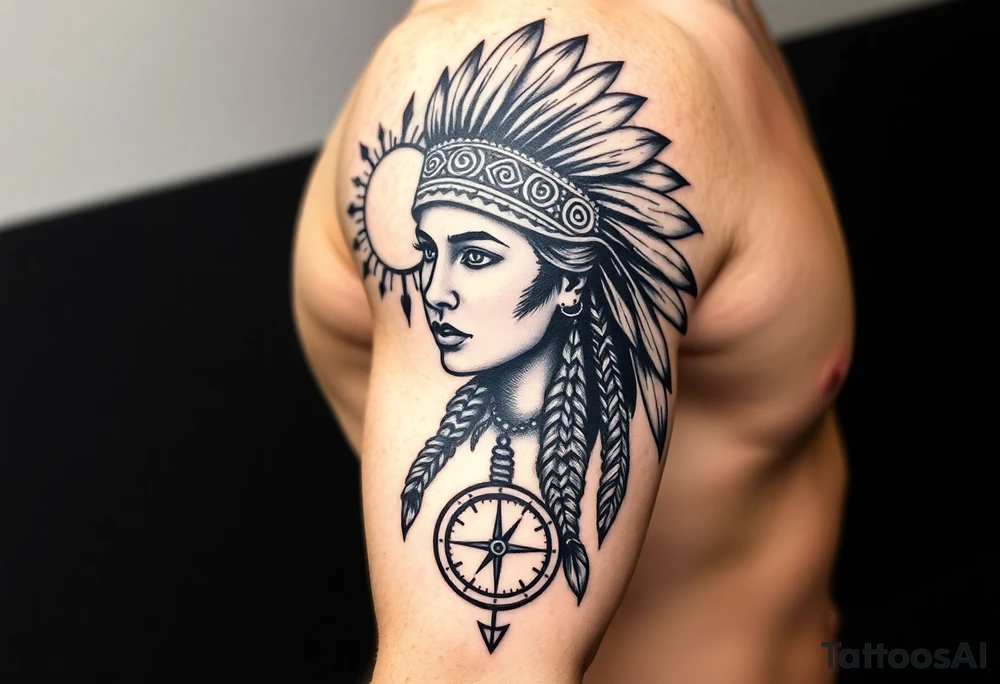 Native American girl with headdress in the sun a compass and a clock and arrowhead tattoo idea